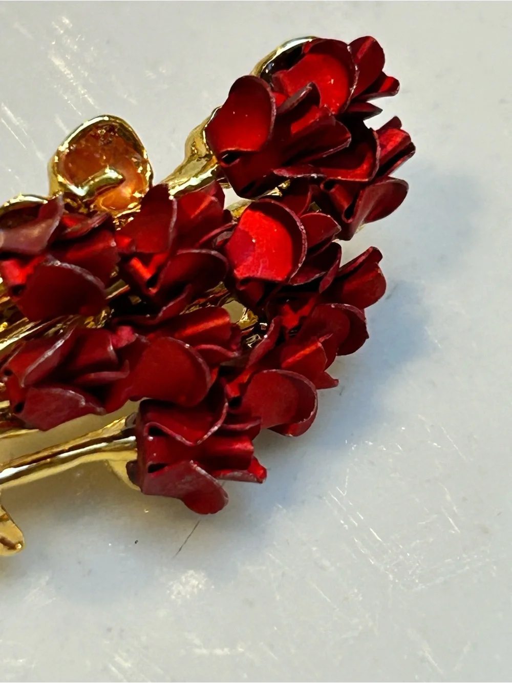 Monet Gold-Tone Bouquet Brooch with Red Enamel Flowers